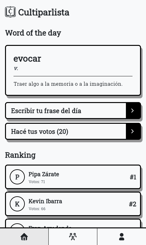 Pantalla principal de CultiParlista con palabra del día y ranking