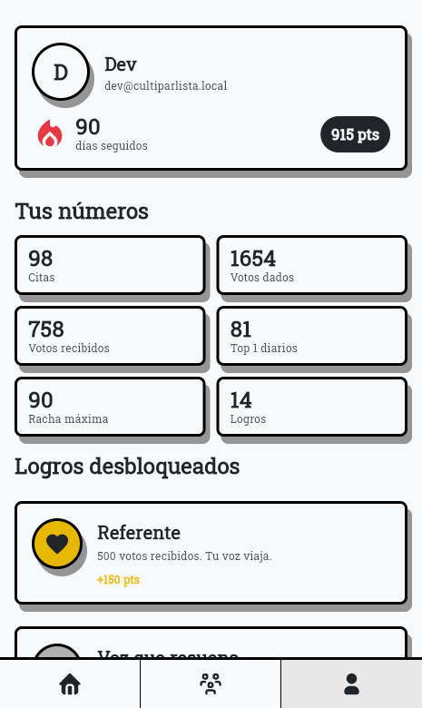 Perfil con racha y logros